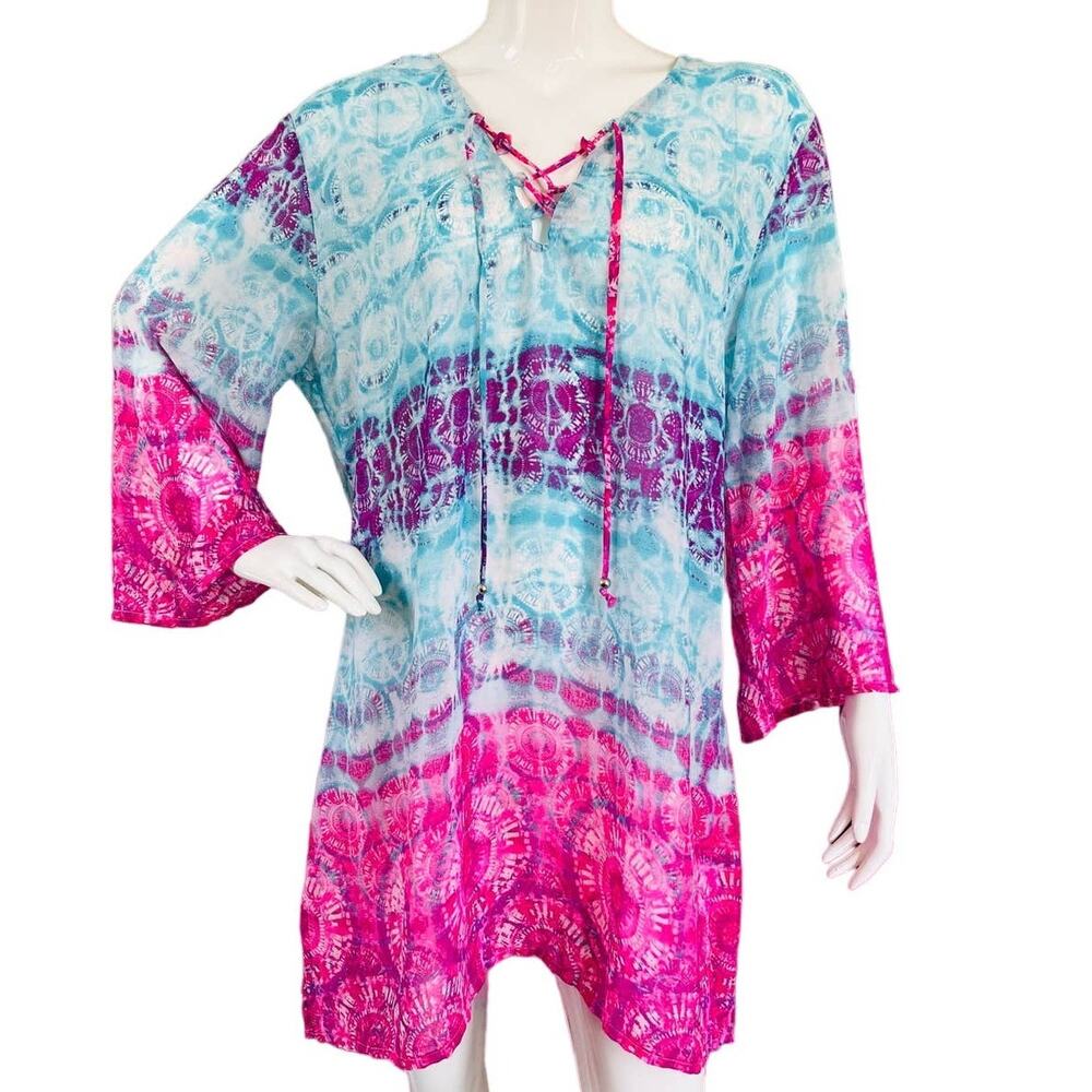 Portocruz Pink Blue White Sheer Swim Coverup XXL